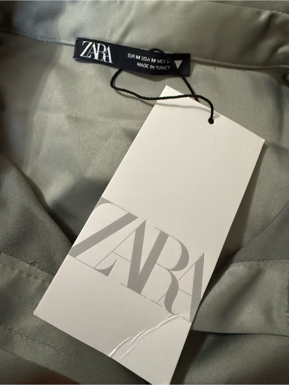 ZARA Y2K Sage Green Cinched Waist Long Sleeve Satin Button Front Blouse Size M - Picture 7 of 8